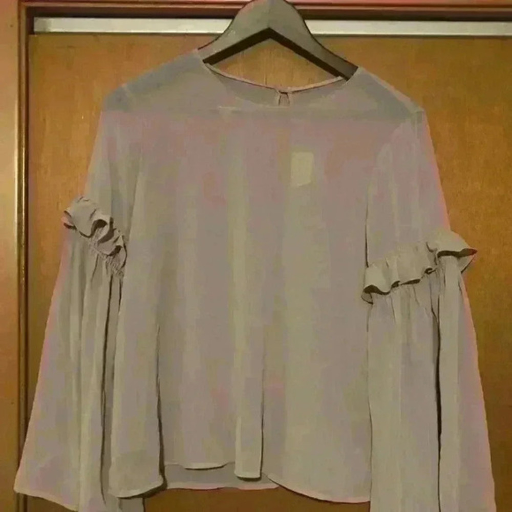 Vestique Grey Sheer Ruffle Bell Sleeve‎ Blouse Round Neck Keyhole Back Top